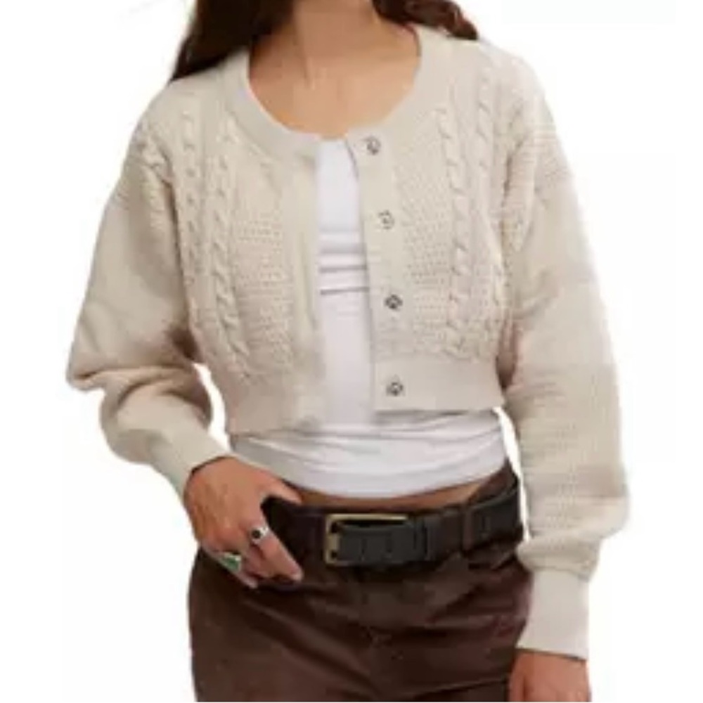 Free People Cream Cropped Cable Knit Cardigan